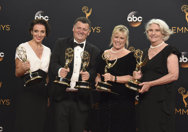 Amanda Abbington, from left, Steven Moffat, Sue Vertue, and Rebecca Eaton winners of the award for outstanding television movie for Sherlock: The Abominable Bride (Masterpiece) pose in the press room at the 68th Primetime Emmy Awards on Sunday, Sept. 18, 2016, at the Microsoft Theater in Los Angeles. (Photo by Jordan Strauss/Invision/AP)