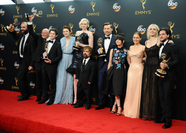 LOS ANGELES, CA - SEPTEMBER 18: (L-R) Actors Rory McCann, Conleth Hill, Iwan Rheon, Gwendoline Christie, Peter Dinklage, Nikolaj Coster-Waldau, Maisie Williams, Emilia Clarke, Sophie Turner and Kit Harington, winners of Best Drama Series for 'Game of Thrones', pose in the press room at the 68th annual Primetime Emmy Awards at Microsoft Theater on September 18, 2016 in Los Angeles, California. (Photo by Jason LaVeris/FilmMagic)